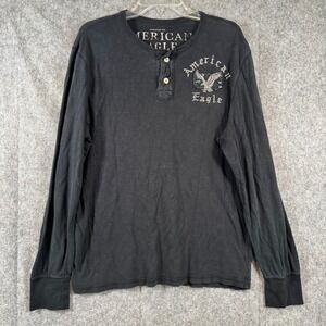Y2K American Eagle Henley Shirt Mens Large Black Faded Grunge Goth Emo Prep